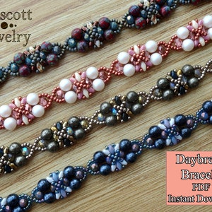 May include: Four beaded bracelets in different colors, including blue, gray, pink, and red. The bracelets are made with small beads and pearls. The text "Daybreak Bracelet PDF Instant Download" is in the lower right corner of the image.