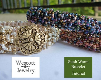 Beadweaving Pattern for Stash Worm Bracelet -Beadweaving Tutorial Square Stitch Embellished Bracelet with Interlocking Seed Bead Loops