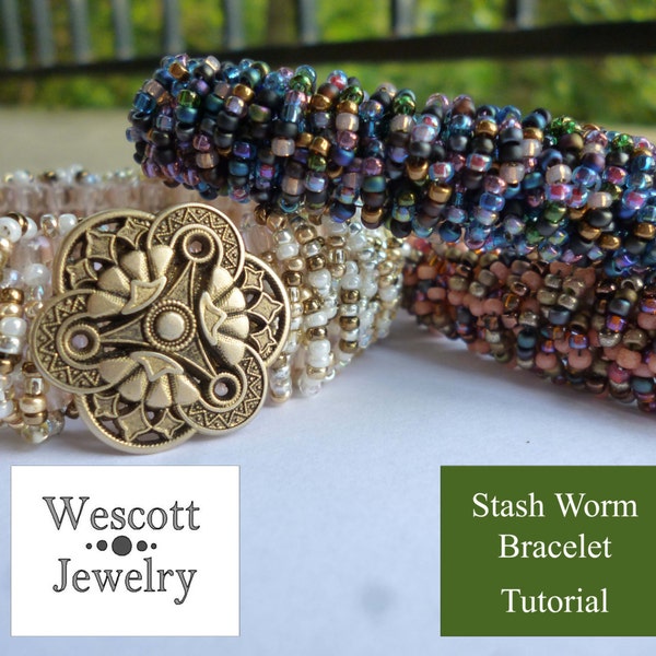 Beadweaving Pattern for Stash Worm Bracelet -Beadweaving Tutorial Square Stitch Embellished Bracelet with Interlocking Seed Bead Loops