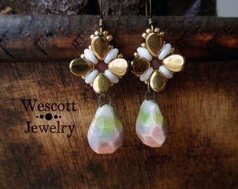 Metallic Gold Flower and Ceramic Rainbow Drop Earrings