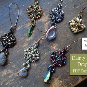 May include: Six pairs of beaded earrings with a variety of colors and styles, including black, green, blue, and purple. The earrings are all in the shape of a square with a drop pendant. The text "Dainty Duo Drops PDF Tutorials" is visible in the image.