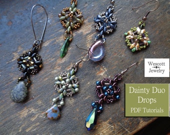 Beadweaving Pattern for Dainty Duo Drops Earrings and Pendants with SuperDuos and Bugle Beads