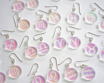 Iridescent Acrylic Zodiac Sign Dangle Earrings- sterling silver rings and earwire, nickel safe, free domestic shipping