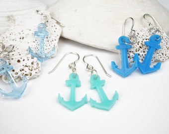 Acrylic anchor sterling silver dangle earrings, nautical earrings, black anchor, beach gifts, sailing jewelry, blue ocean jewelry