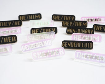 Acrylic pronoun pins, they/them, they/she, she/her, he/they, agender, genderfluid, nonbinary, gender identity, pronoun pride, queer gifts