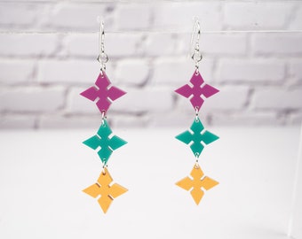 Pointed Diamond Earrings, spring jewelry, four point star earrings, layered earrings, mardi gras colors