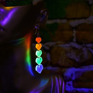 Acrylic rainbow heart earrings, neon uv glow earrings, pride earrings, rainbow earrings, blacklight jewelry, queer gift, sterling silver