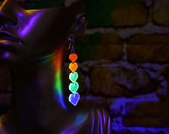 Acrylic rainbow heart earrings, neon uv glow earrings, pride earrings, rainbow earrings, blacklight jewelry, queer gift, sterling silver