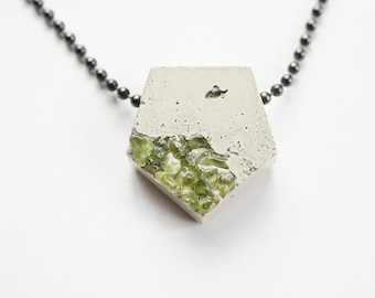 Concrete jewelry- Pentagon Concrete Pendant Necklace with embedded green peridot stones on a gunmetal finish steel ball chain