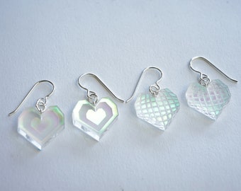 Laser cut iridescent acrylic geometric heart dangle earrings, sterling silver rings and earwire (nickel safe). Free domestic shipping!