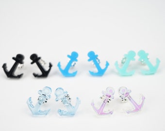Acrylic anchor sterling silver stud earrings, nautical earrings, black anchor, beach gifts, sailing jewelry, blue ocean jewelry