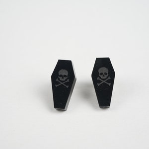black acrylic coffin stud earrings, skull and crossbones, halloween earrings, goth earrings, witchy gift, sterling silver