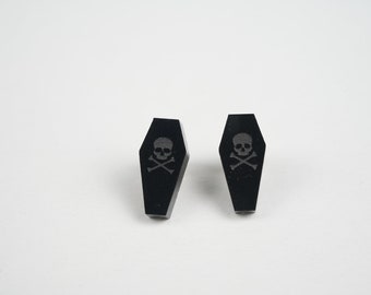 black acrylic coffin stud earrings, skull and crossbones, halloween earrings, goth earrings, witchy gift, sterling silver