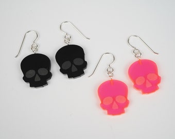 Skull Earrings, halloween jewelry, goth earrings, goth gift, pastel goth earrings, blacklight jewelry, pink skull earrings, sterling silver