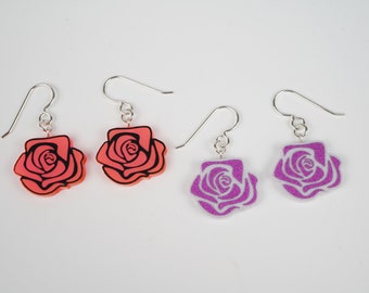 Pink rose earrings, flower earrings dangle, barbiecore jewelry, blacklight earrings, glitter earrings, millennial gift, sterling silver