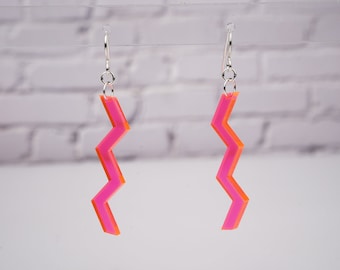 Neon Pink Zigzag dangle earrings, sterling silver, barbiecore, UV blacklight jewelry, vaporwave, retrowave, milennial gift, gift for gen z