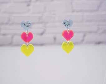 Neon multi heart stud earrings, UV jewelry, barbiecore jewelry, colorful and funky, gen z gift, gift for millennial, sterling silver