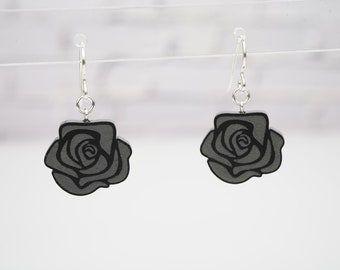 Black rose earrings, flower earrings dangle, gothic flower earrings, goth gift, black flower, black minimalist earrings, sterling silver