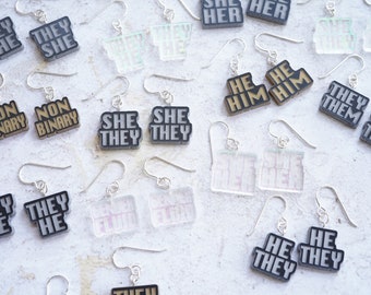 Acrylic Pronoun Earrings- sterling silver, they/them, she/they, she/her, he/they, nonbinary, gender identity, pronoun pride, queer gifts