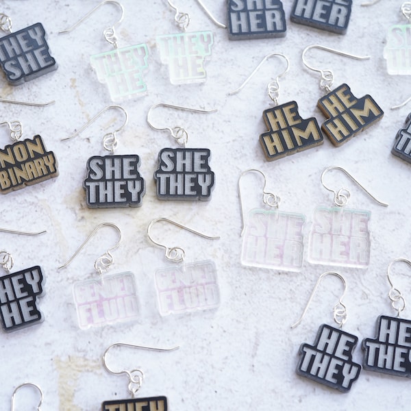 Acrylic Pronoun Earrings- sterling silver, they/them, she/they, she/her, he/they, nonbinary, gender identity, pronoun pride, queer gifts