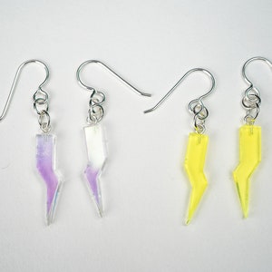 Acrylic lightning bolt earrings, glowing earrings, fluroescent neon dangles, blacklight reactive, iridescent minimalist, sterling silver