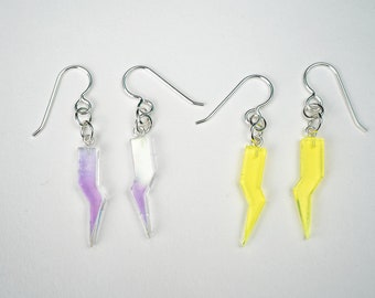 Acrylic lightning bolt earrings, glowing earrings, fluroescent neon dangles, blacklight reactive, iridescent minimalist, sterling silver