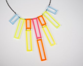 Neon Rainbow Geometric Acrylic Statement Necklace, layered necklace, UV jewelry, funky jewelry, barbiecore jewelry for women, retro necklace