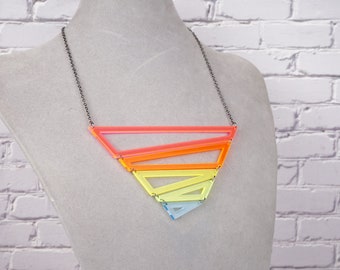 Neon Rainbow Geometric Triangle Statement Necklace, layered necklace, UV jewelry, funky jewelry, retro necklace, vaporwave jewelry