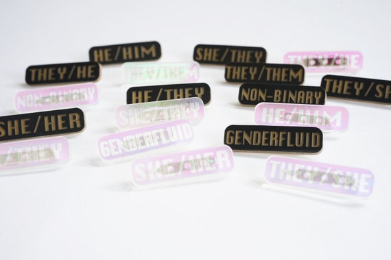Acrylic pronoun pins, they/them, they/she, she/her, he/they, agender, genderfluid, nonbinary, gender identity, pronoun pride, queer gifts