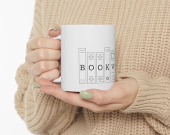 Bookworm mug, book lover mug, teacher gift, bibliophile gift, reading mug, bookshelf mug