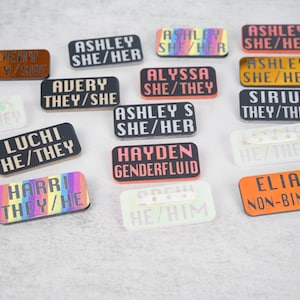 Custom name pronoun pins, they them, they she, she her, he they, genderfluid, nonbinary, gender identity pin, pronoun pride, queer gift