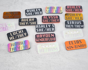 Custom name pronoun pins, they them, they she, she her, he they, genderfluid, nonbinary, gender identity pin, pronoun pride, queer gift