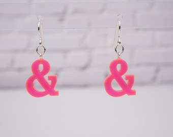 Neon pink ampersand dangle earrings, UV blacklight jewelry, & earrings, punctuation jewelry, gen z gift, gift for millennial,sterling silver
