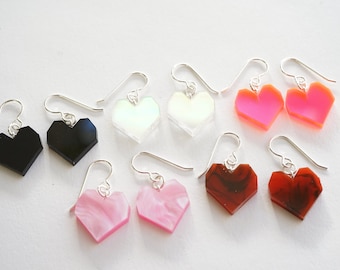 Acrylic geometric heart dangle earrings, hot pink earrings, black hearts, tortoise shell red heart earrings, sterling silver