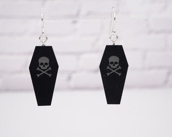 Black acrylic coffin dangle earrings, skull and crossbones, halloween earrings, macabre jewelry, goth earrings, sterling silver, nickel safe