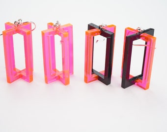 Acrylic 3d box earrings, neon fluorescent earrings, pink geometric dangle earrings, black and pink, blacklight reactive, sterling silver