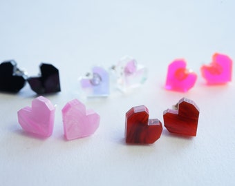 Minimal geometric heart sterling stud earrings, hot pink heart earrings, tortoise shell earrings, black hearts, , glow in dark earrings,
