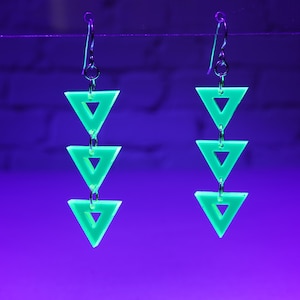 Neon Green Triangle Dangle Earrings, Uv jewelry, glowing earrings, vaporwave earrings, retrowave jewelry, millennial gift, gen z gift