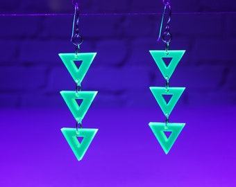 Neon Green Triangle Dangle Earrings, Uv jewelry, glowing earrings, vaporwave earrings, retrowave jewelry, millennial gift, gen z gift