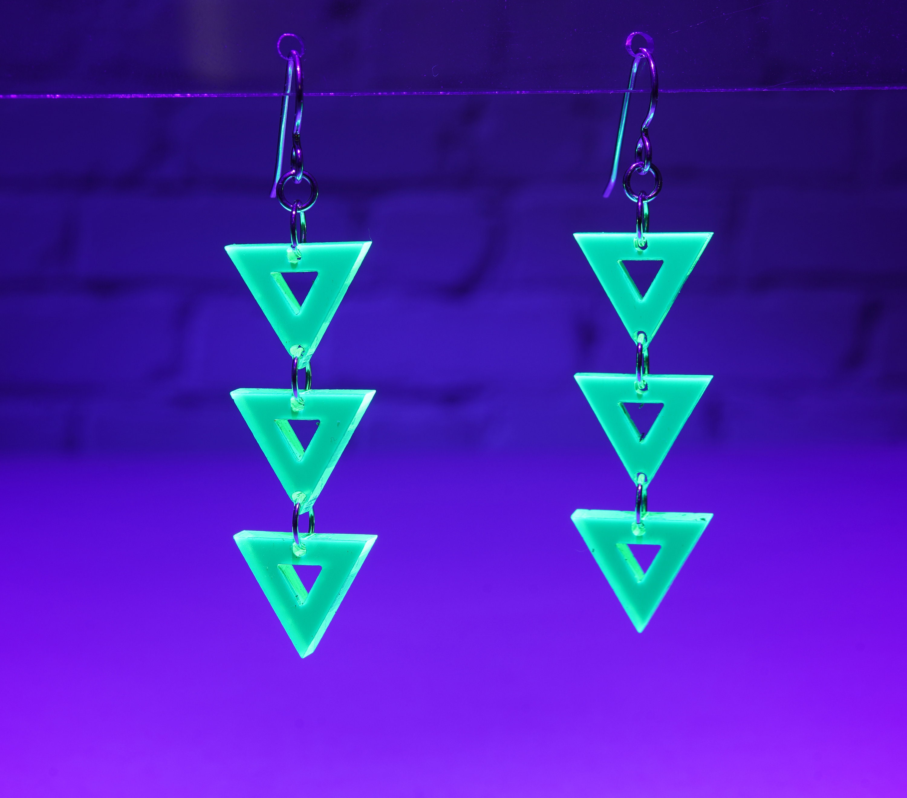Neon Green Triangle Dangle Earrings, Uv jewelry, glowing earrings, vaporwave earrings, retrowave jewelry, millennial gift, gen z gift