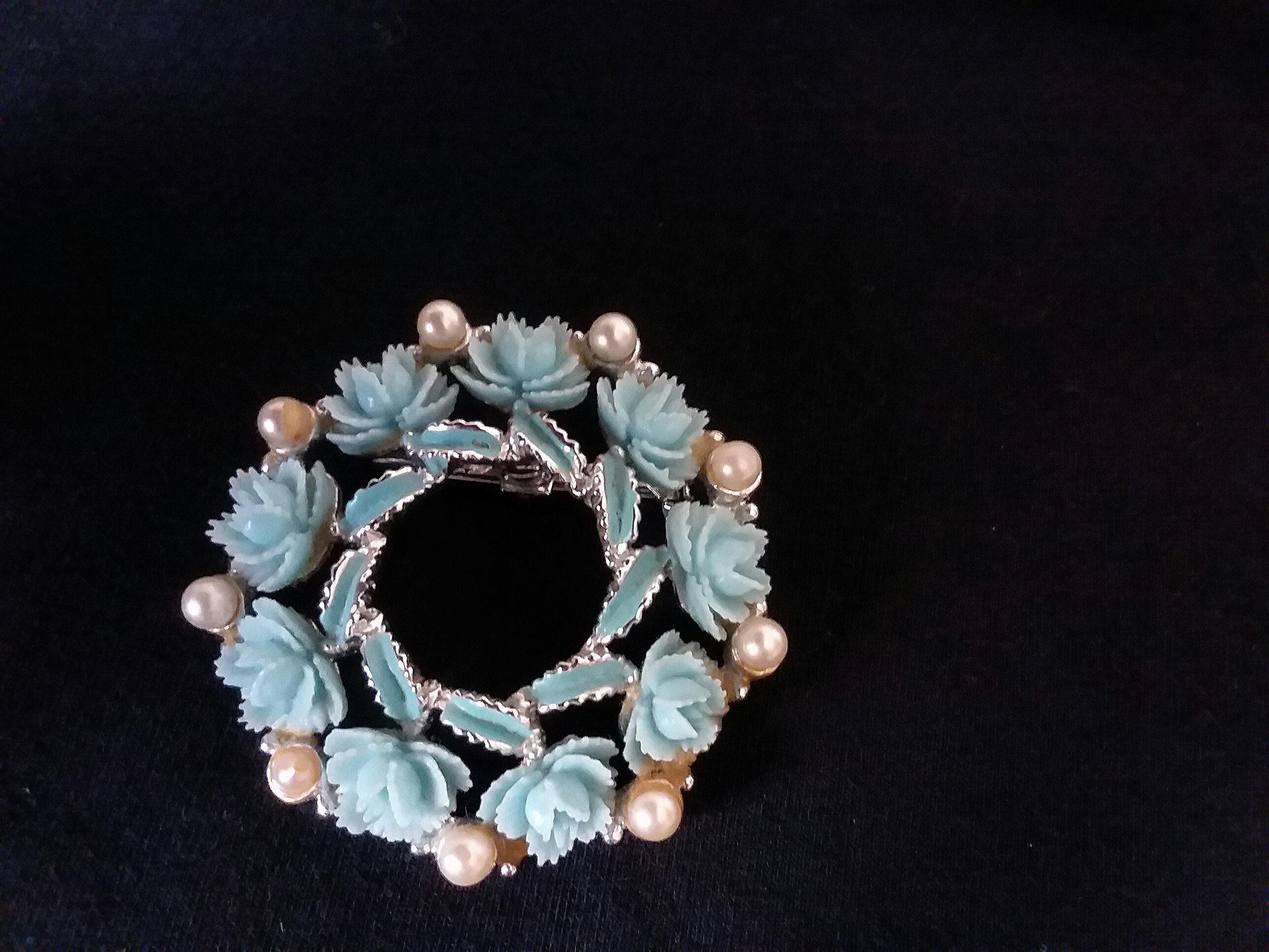 Vintage Blue Pearl Floral Brooch