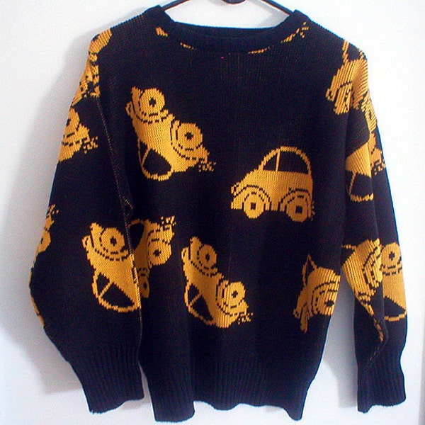 Vintage 1980's AVANT GARDE Pop Art Yellow & Black VW Volkswagen Beetle Bug Car Sweater