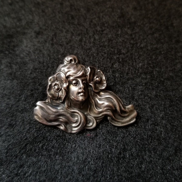 Art Nouveau UNGER BROS Sterling Silver Floral Maiden Flowing Hair Open C-clasp Brooch