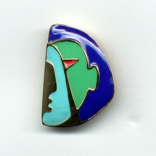 Vintage 70's Modernistic Eisenberg Artist Inspired Picasso Enamel Half Face Brooch