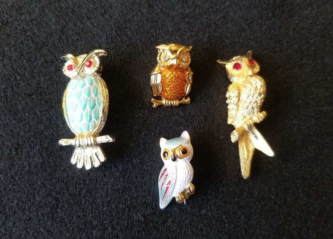 4 Piece Vintage Owl Brooch Pin Lot Enamel Rhinestones Gold Etsy