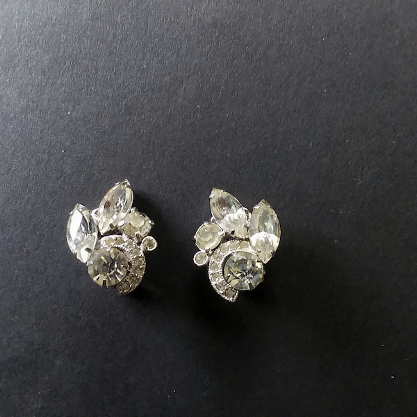 Vintage Eisenberg Clear Rhinestones with Navettes Clip on Earrings