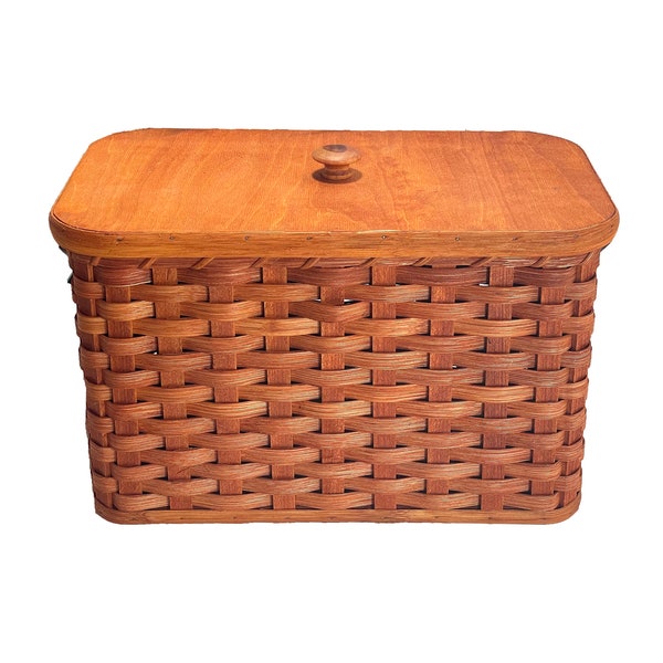 Amish Bread Box Storage Solid Oak Bottom and Lid Leather Carrier Handles