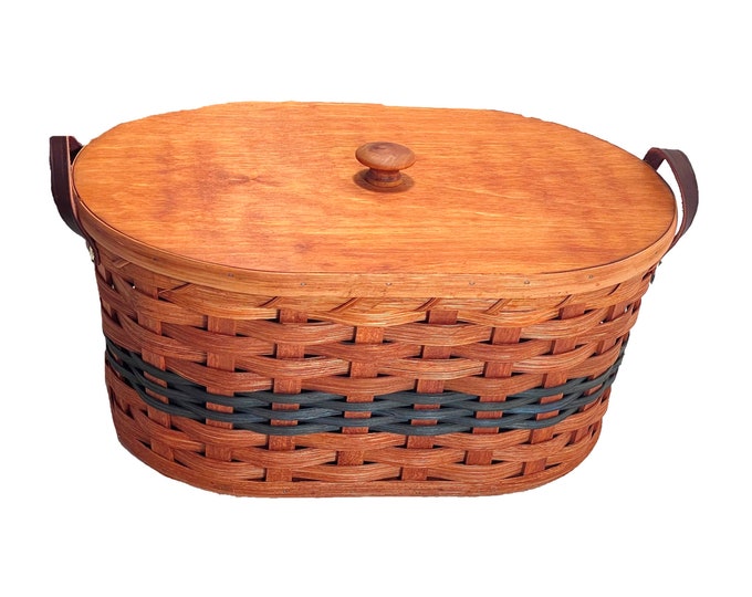Amish Made Large Knitting Basket With Red, Blue and Green Weave and