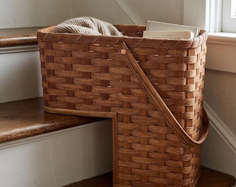 Amish Baskets  Stair Step Basket Wide (9") Wicker Storage With Swinging Handle