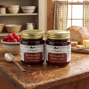 May include: Two glass jars of Red Raspberry Seedless Jam with gold lids sit on a wooden table. The labels read "Amish Baskets and beyond." A bowl of raspberries and a spoon are nearby. A loaf of bread and butter are in the background.